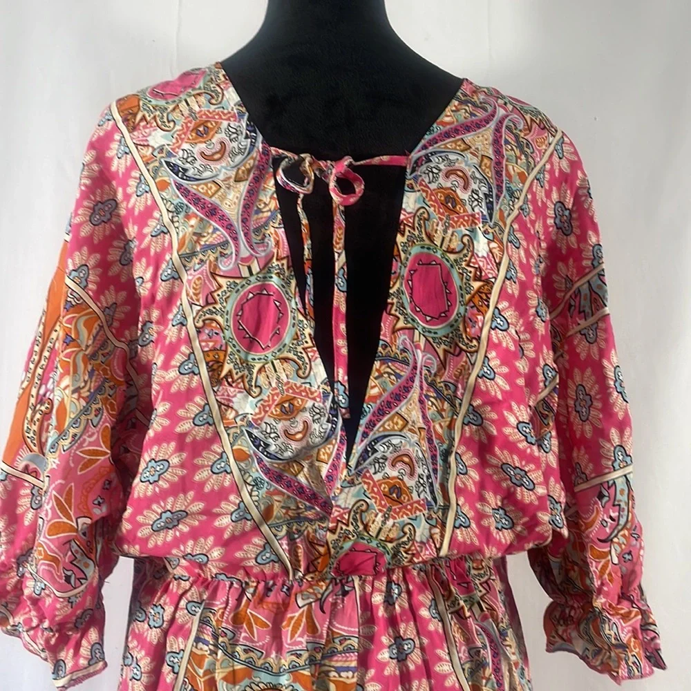Pink multi colored hanker chief dress,V neck,tie in back,floral print,mid sleeve - Picture 4 of 12